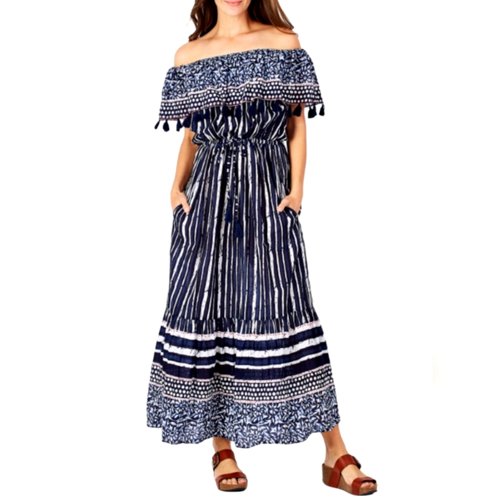 Nwot Lula Soul Boutique Navy/White Sunrise Off The Shoulder Boho Fring Maxidress